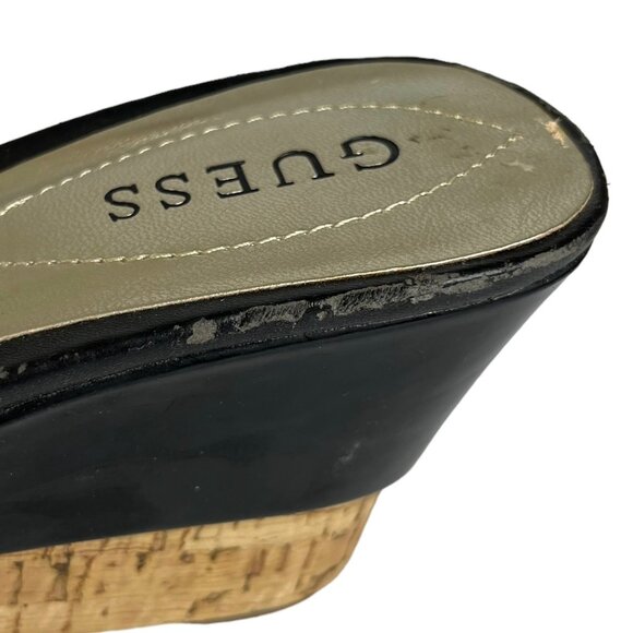 Guess Wedges Sandals Womens Size 8 Black Cork Shiny Summer - Picture 13 of 16